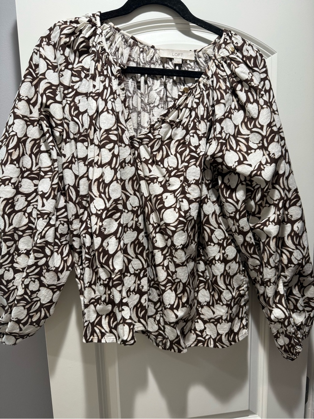LOFT Brown and White Floral Peasant Blouse